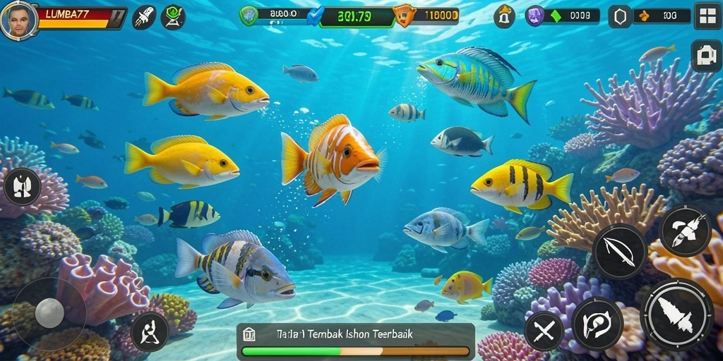 Screenshot gameplay LUMBA77 dengan ikan-ikan berwarna cerah.