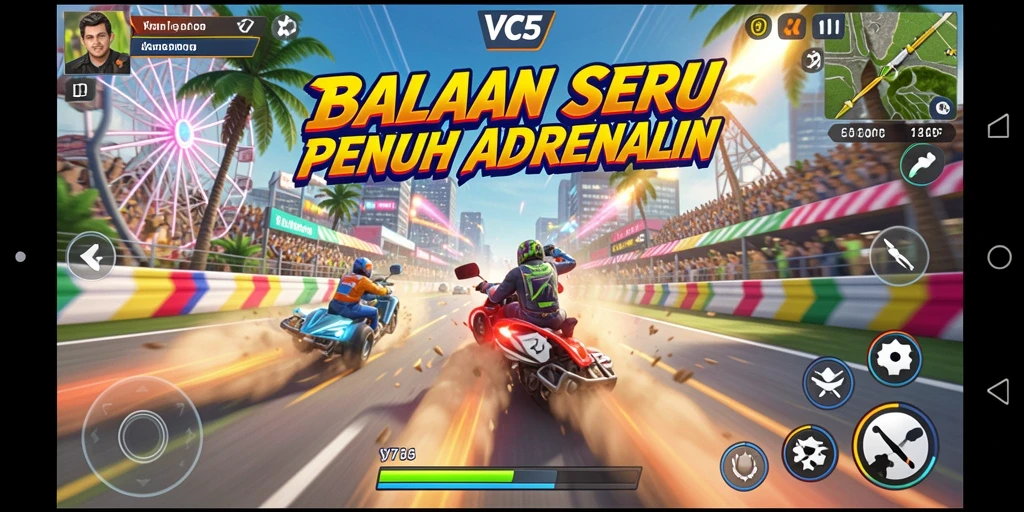 Screenshot VC5 menunjukkan aksi balap mendebarkan yang penuh kecepatan.